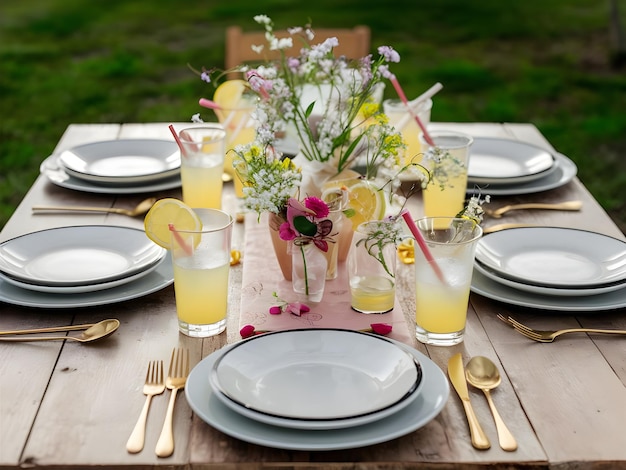 una mesa puesta para una comida con un montón de vasos y flores