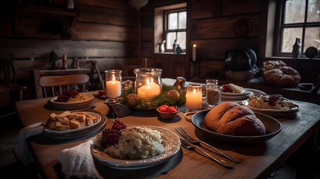 Una mesa puesta para una comida con velas y comida.