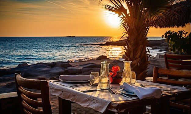 Una mesa puesta para dos con vista al mar.