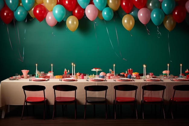 Una mesa puesta para una fiesta con globos y velas.