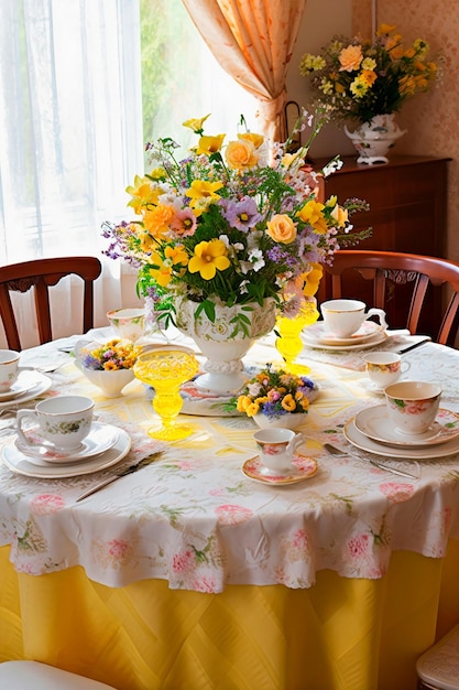 Una mesa puesta para una fiesta de té con un jarrón de flores.