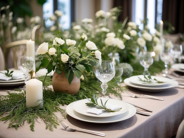 una mesa puesta con un jarrón de flores y velas y cubiertos