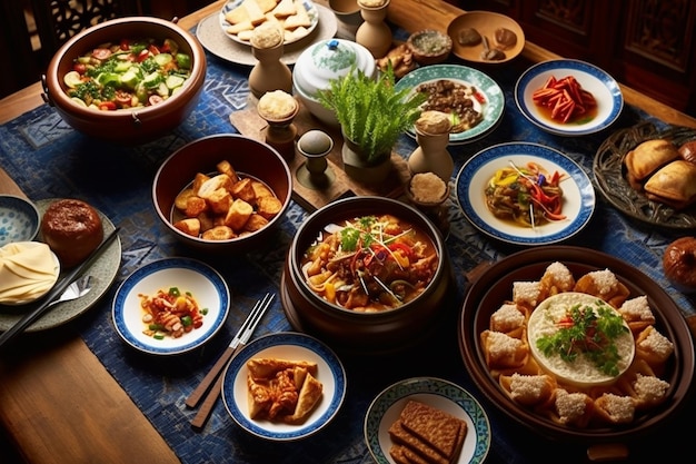 una mesa puesta con platos tradicionales generados por IA