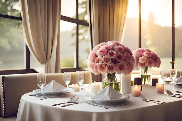 Una mesa puesta para una recepción de boda con rosas rosas y velas.