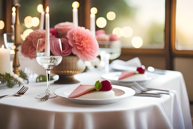 Una mesa puesta para una recepción de boda con una vela y un plato de comida.