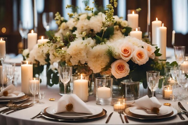 una mesa puesta para una recepción de boda con velas y flores