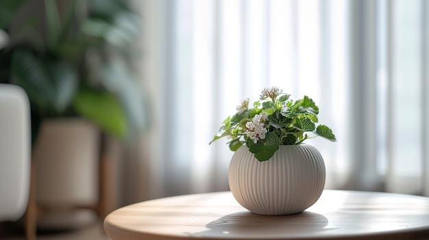 una mesa que contiene una planta de terracota blanca