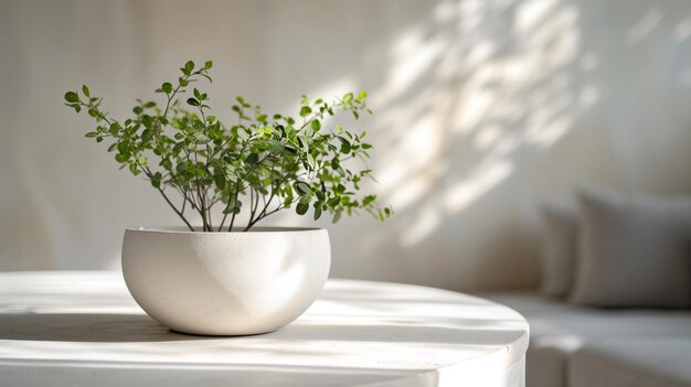 una mesa que contiene una planta de terracota blanca