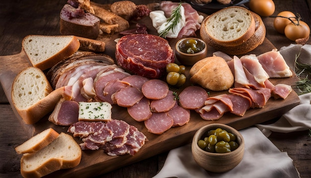 una mesa con queso de carne y carnes en ella