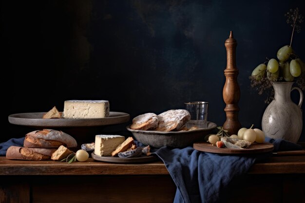 Una mesa con queso y fruta encima.