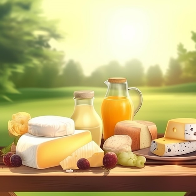 Una mesa con quesos, frutas y otros alimentos.