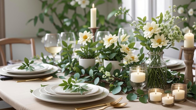 una mesa con un ramo de flores, velas y un jarrón de flores