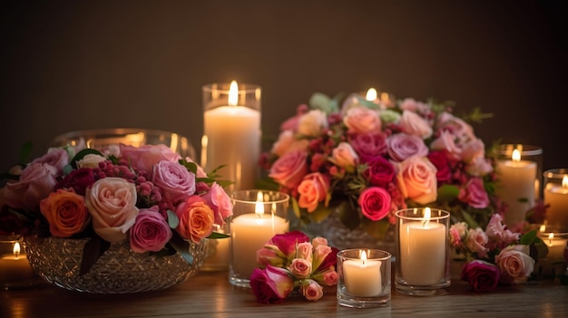 Una mesa con un ramo de rosas y velas.