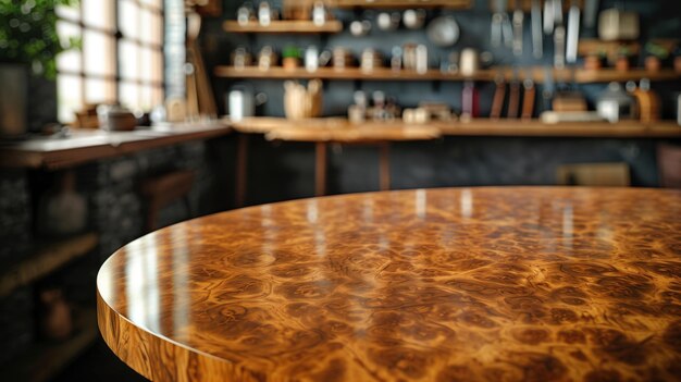 Foto mesa recém-feita com um topo de madeira burl em uma oficina de carpintaria