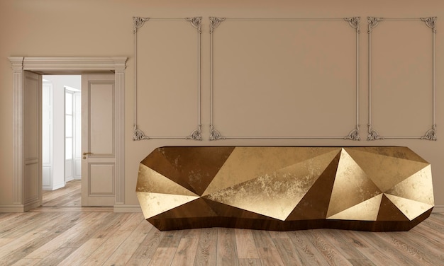 Mesa de recepción dorada en interior clásico de color beige con molduras y suelo de madera