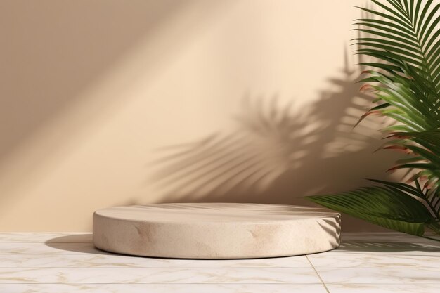 una mesa redonda con base redonda se encuentra en una habitación con una palmera al fondo.