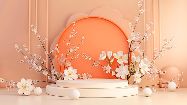 una mesa redonda blanca con una base redonda con una flor blanca en ella