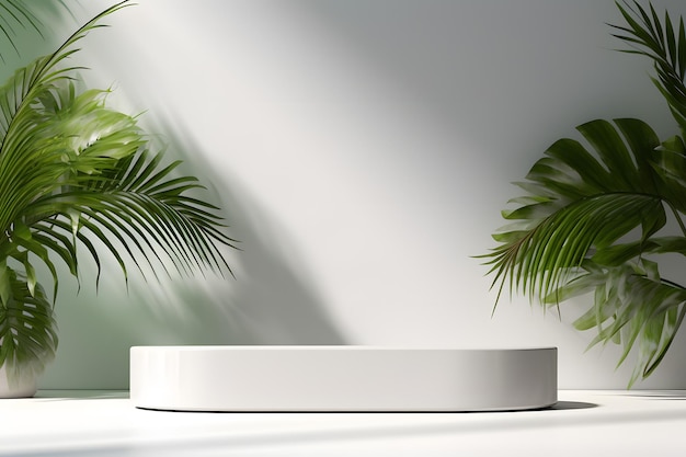 Mesa redonda blanca minimalista con planta de esquina Imagen de archivo para Interior Desi