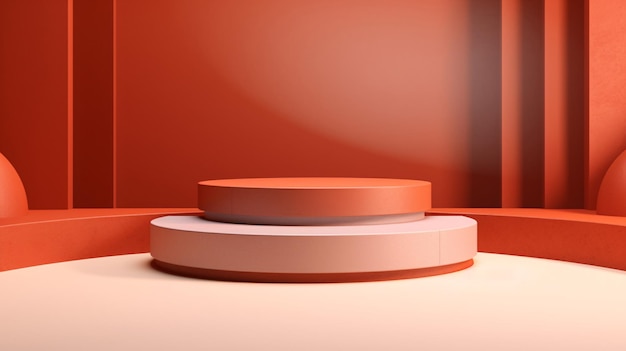una mesa redonda blanca con una parte superior roja y una base redonda con una base roja3D renderización de fondo simple c