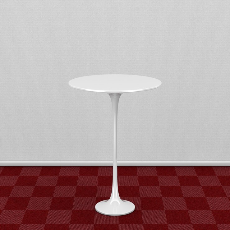 Foto mesa redonda blanca sobre suelo de alfombra roja contra la pared blanca extreme closeup. representación 3d