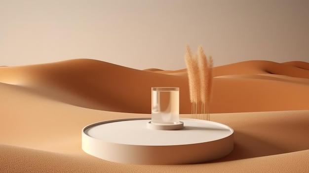 Una mesa redonda blanca con un vaso que dice "la palabra arena"