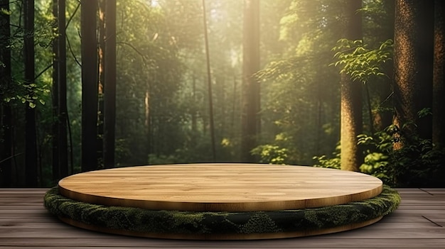 Una mesa redonda en un bosque con fondo de bosque