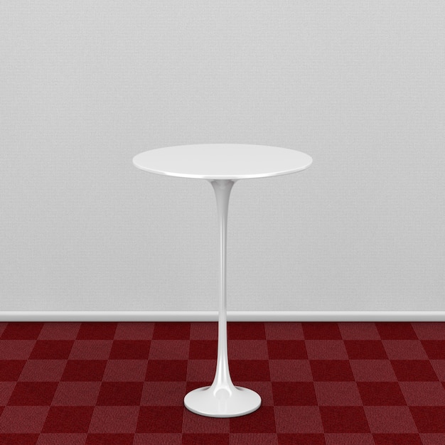 Foto mesa redonda branca no piso do tapete vermelho contra closeup extrema de parede branca. renderização 3d