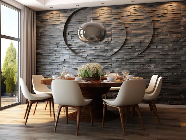 Mesa redonda contra parede de painel de pedra 3d Design interior de sala de jantar moderna