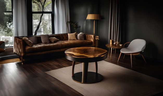 Foto mesa redonda hecha de roble sólido con resina epoxi y barniz muebles de élite en apartamentos de lujo