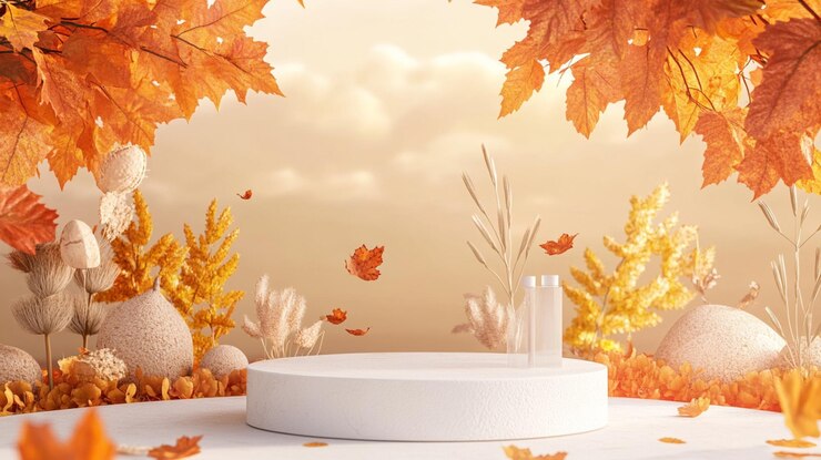 una mesa redonda con hojas de otoño en ella