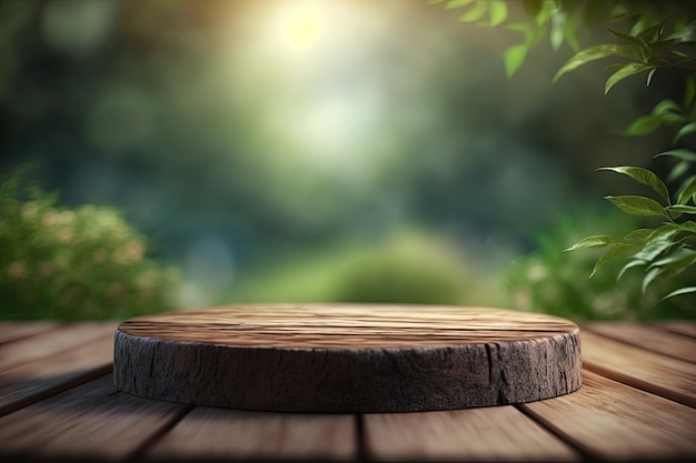 Una mesa redonda de madera frente a un fondo verde con un fondo borroso.