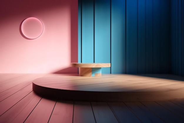 Una mesa redonda de madera en una habitación rosa con una mesa redonda de madera y un banco redondo de madera.