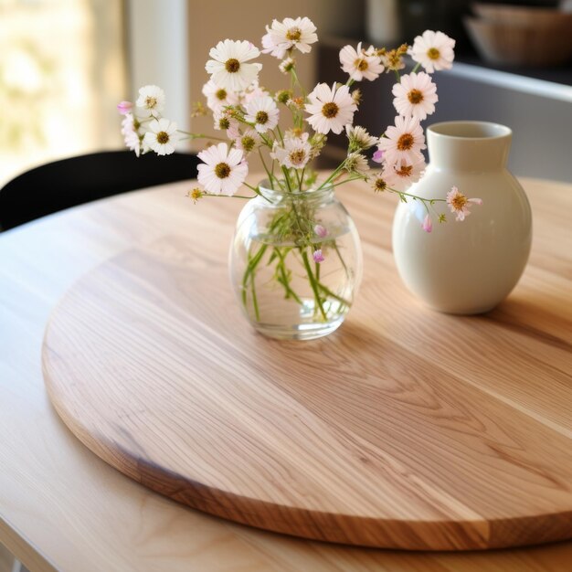 Mesa redonda de madera con un jarrón de flores