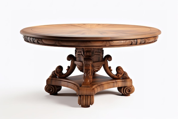 Mesa redonda de madera con tapa tallada y base de madera.