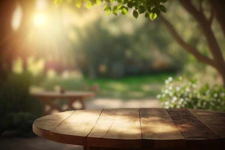 Mesa redonda de madera vacía para exhibición de productos con fondo de jardín borroso Ai generativo