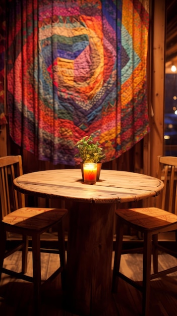 Foto mesa redonda de madera con vela y planta frente a una colcha de colores