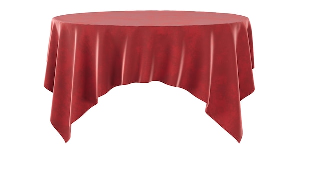 Mesa redonda con mantel rojo y fondo blanco.