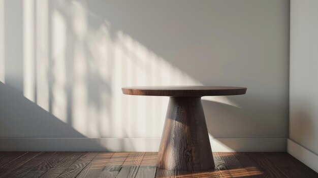 una mesa redonda con una parte superior de madera se sienta en una esquina de una habitación con un piso de madera