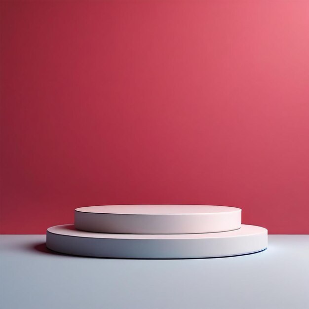una mesa redonda con una parte superior roja se sienta en un piso blanco