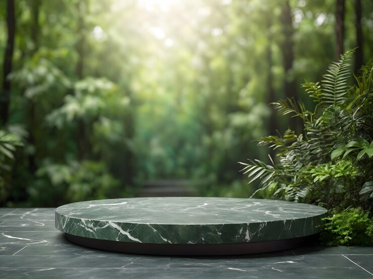 una mesa redonda de piedra con un fondo verde y un bosque en el fondo