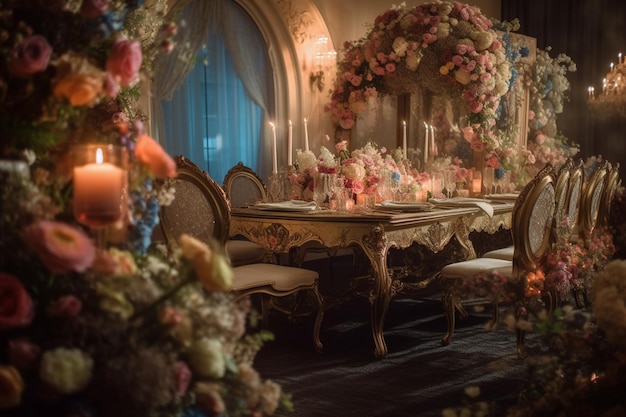 Una mesa en un restaurante con flores