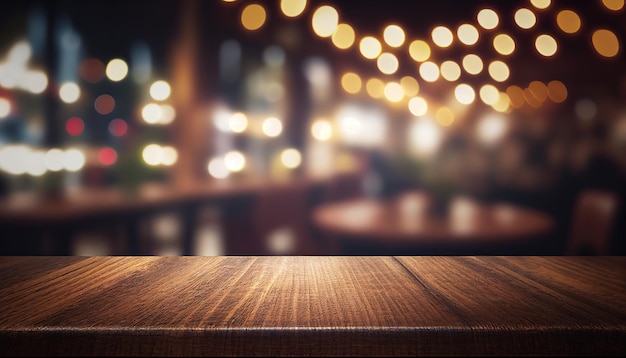 Una mesa en un restaurante con luces de fondo