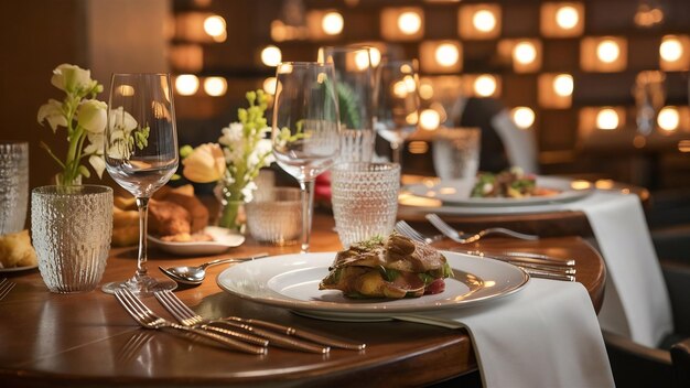 Una mesa en un restaurante con luces en el fondo