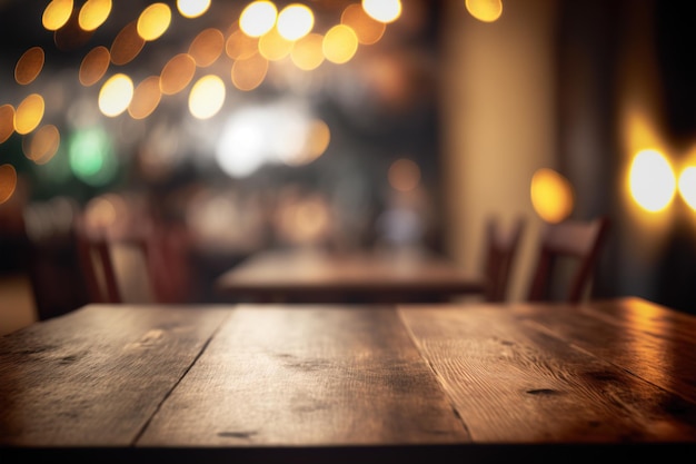 Una mesa en un restaurante con una luz amarilla de fondo