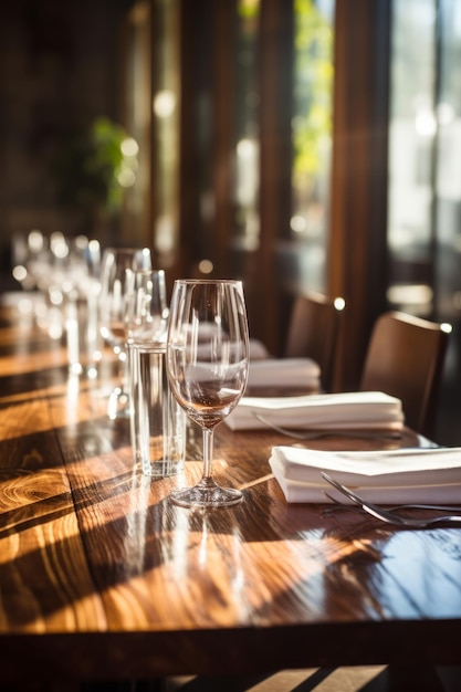 Una mesa de restaurante vacía con vasos de vino y servilletes de tela