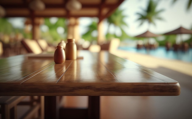 Una mesa en un restaurante con vista a la piscina y la playa al fondo.