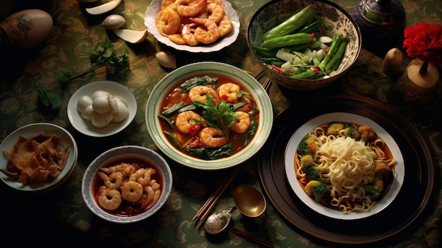 mesa de restaurantes tailandeses comidas con almohadilla verde ver fideos ew y sopa de tom yum goong