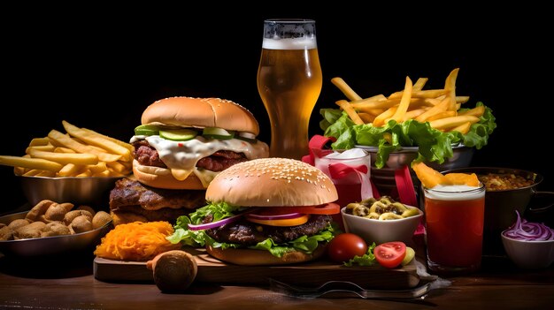 Mesa ricamente preparada con hamburguesas, cerveza frita, nuggets de pollo y ensaladas sobre un fondo oscuro