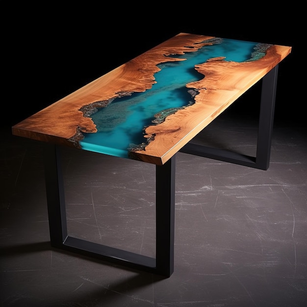mesa de río de escritorio hecha de epoxi colocada en una habitación contemporánea