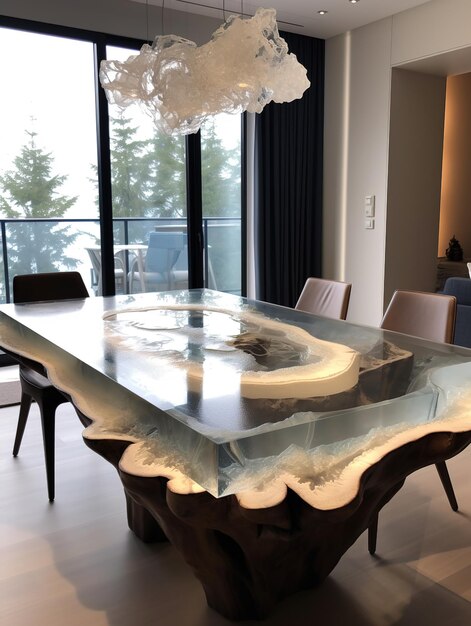 Foto mesa de río de escritorio hecha de epoxi colocada en una habitación contemporánea